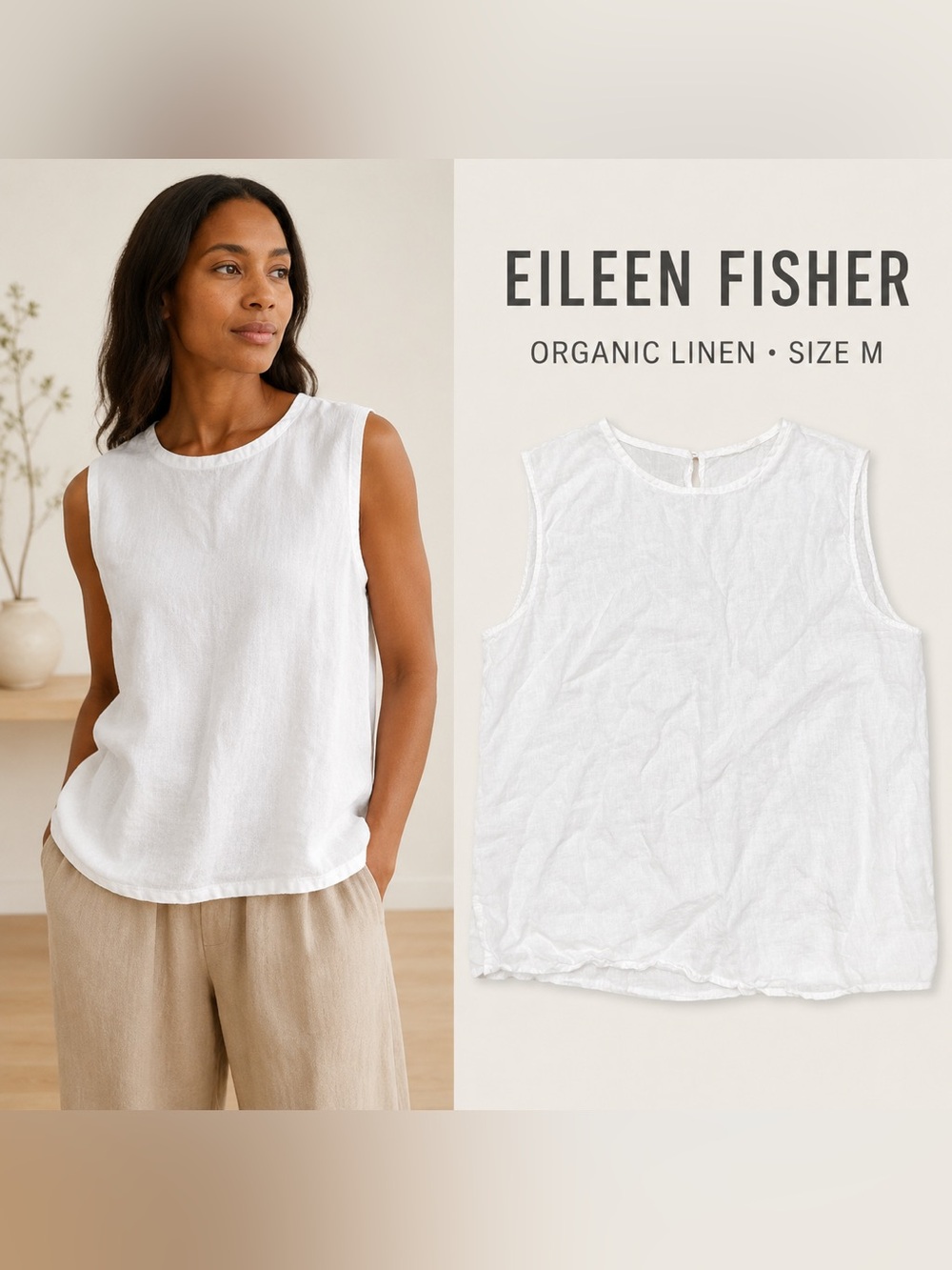 Eileen Fisher White Organic Linen Sleeveless Top Women’s M